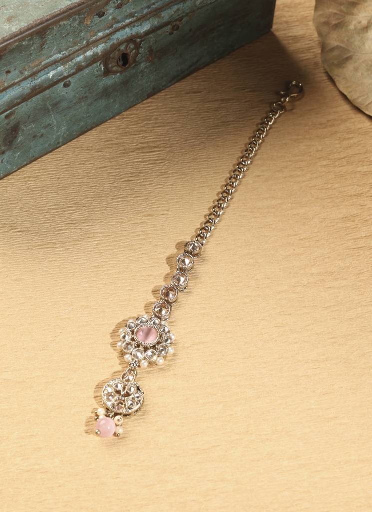 Modern Flower And Round Shape Pink Kundan Stone Antique Gold Plated Choker Necklace Set With Maang Tikka For Women : 6NS575_Pink