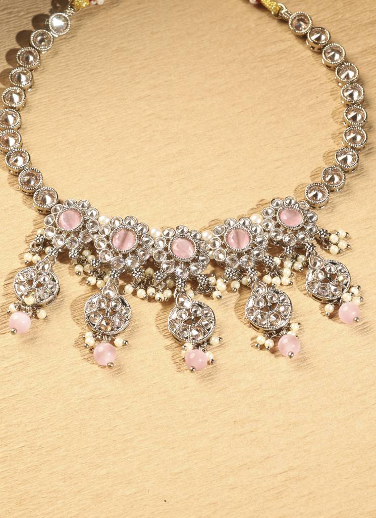 Modern Flower And Round Shape Pink Kundan Stone Antique Gold Plated Choker Necklace Set With Maang Tikka For Women : 6NS575_Pink
