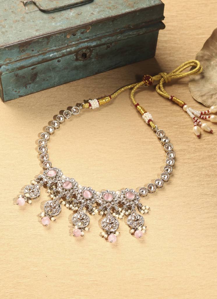 Modern Flower And Round Shape Pink Kundan Stone Antique Gold Plated Choker Necklace Set With Maang Tikka For Women : 6NS575_Pink