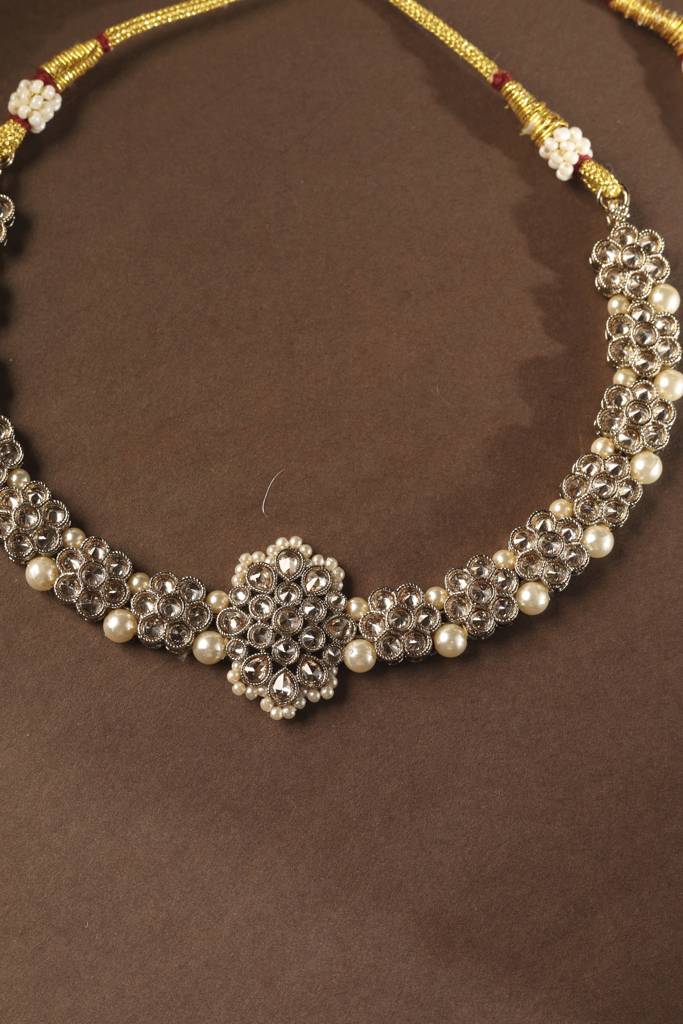 Trendy Flower Shape Pearl Kundan Stone Antique Gold Plated Choker Necklace Set With Maang Tikka For Women : 6NS629_Brown