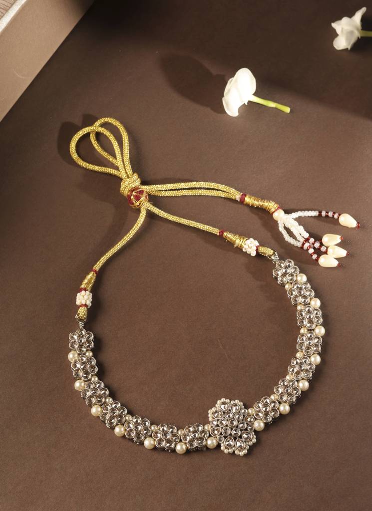 Trendy Flower Shape Pearl Kundan Stone Antique Gold Plated Choker Necklace Set With Maang Tikka For Women : 6NS629_Brown