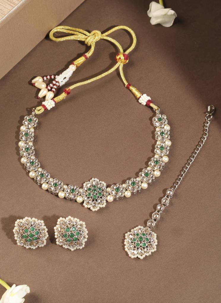 Trendy Flower Shape Pearl Kundan Stone Antique Gold Plated Choker Necklace Set With Maang Tikka For Women : 6NS629_Green
