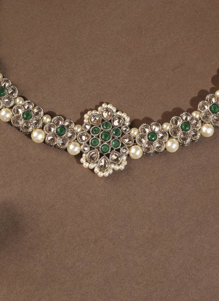 Trendy Flower Shape Pearl Kundan Stone Antique Gold Plated Choker Necklace Set With Maang Tikka For Women : 6NS629_Green