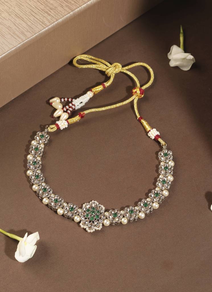 Trendy Flower Shape Pearl Kundan Stone Antique Gold Plated Choker Necklace Set With Maang Tikka For Women : 6NS629_Green