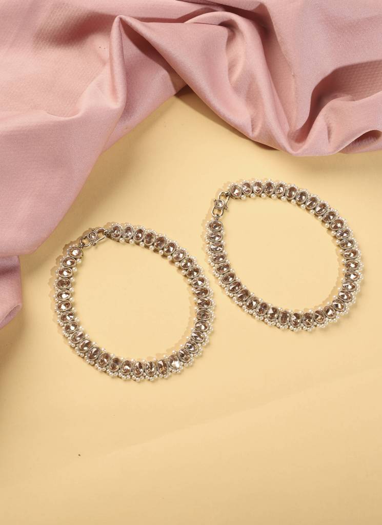 Elegant Circle Shape Pearl Brown Kundan Stone Antique Gold Plated Set Of 2 Anklet(Payal) For Women : 6PL24_Brown