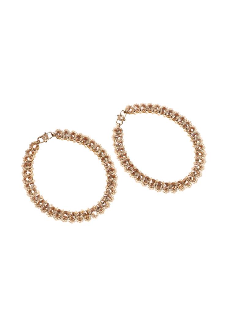 Elegant Circle Shape Pearl Brown Kundan Stone Antique Gold Plated Set Of 2 Anklet(Payal) For Women : 6PL24_Brown