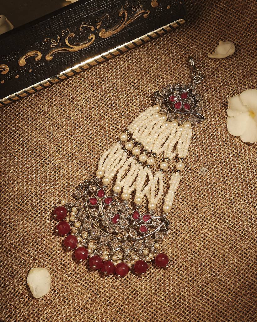 Royal Flower And Leaf Design Gold Plated Lariat Pearl Brown Kundan Stone Passa/Matha Patti For Women And Girls : 6PS26_Ruby