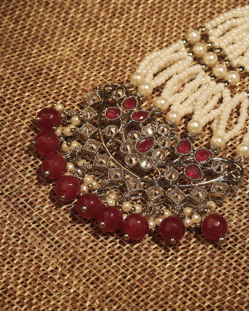 Royal Flower And Leaf Design Gold Plated Lariat Pearl Brown Kundan Stone Passa/Matha Patti For Women And Girls : 6PS26_Ruby