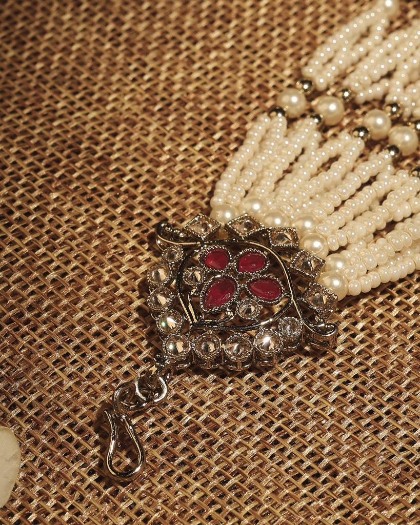 Royal Flower And Leaf Design Gold Plated Lariat Pearl Brown Kundan Stone Passa/Matha Patti For Women And Girls : 6PS26_Ruby