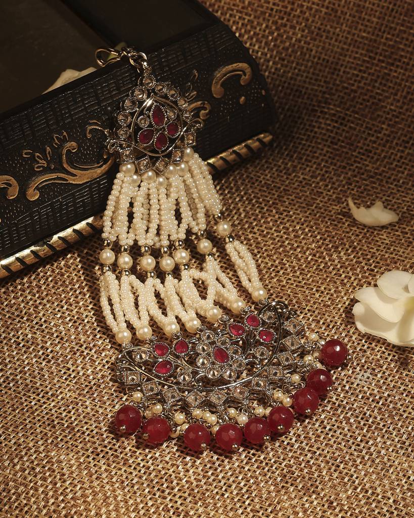 Royal Flower And Leaf Design Gold Plated Lariat Pearl Brown Kundan Stone Passa/Matha Patti For Women And Girls : 6PS26_Ruby