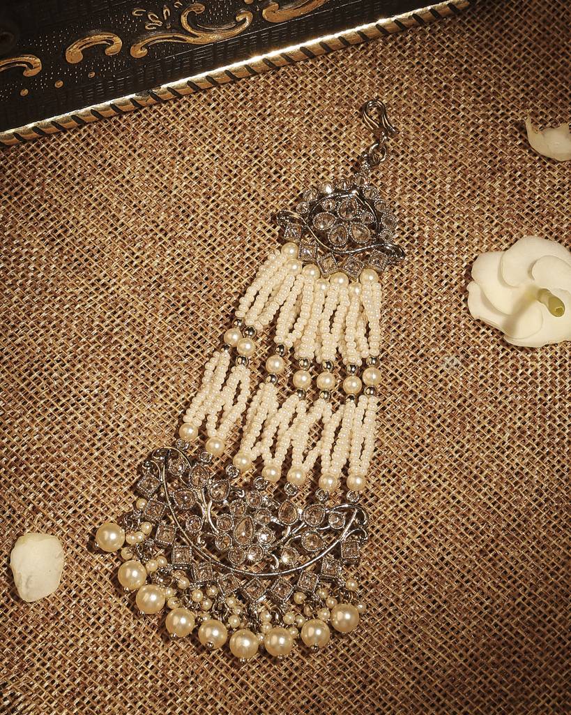 Royal Flower And Leaf Design Gold Plated Lariat Pearl Brown Kundan Stone Passa/Matha Patti For Women And Girls : 6PS26_Brown