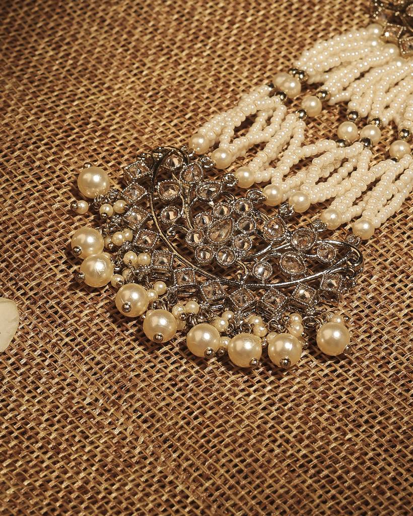 Royal Flower And Leaf Design Gold Plated Lariat Pearl Brown Kundan Stone Passa/Matha Patti For Women And Girls : 6PS26_Brown