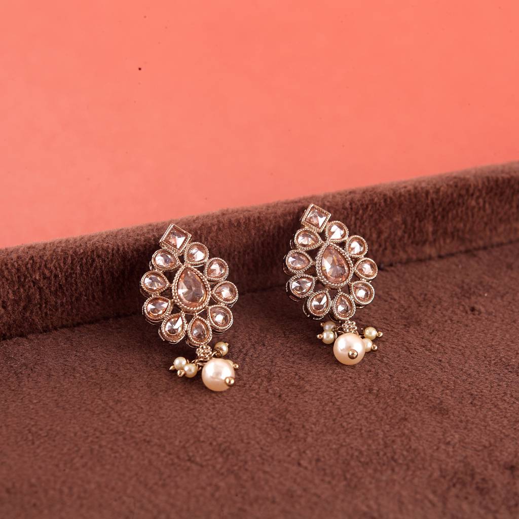 Lavish Oval Shape Brown Uncut Kundan Stone Antique Gold Plated Jhumki Earring For Women And Girls : 6SE32-BROWN