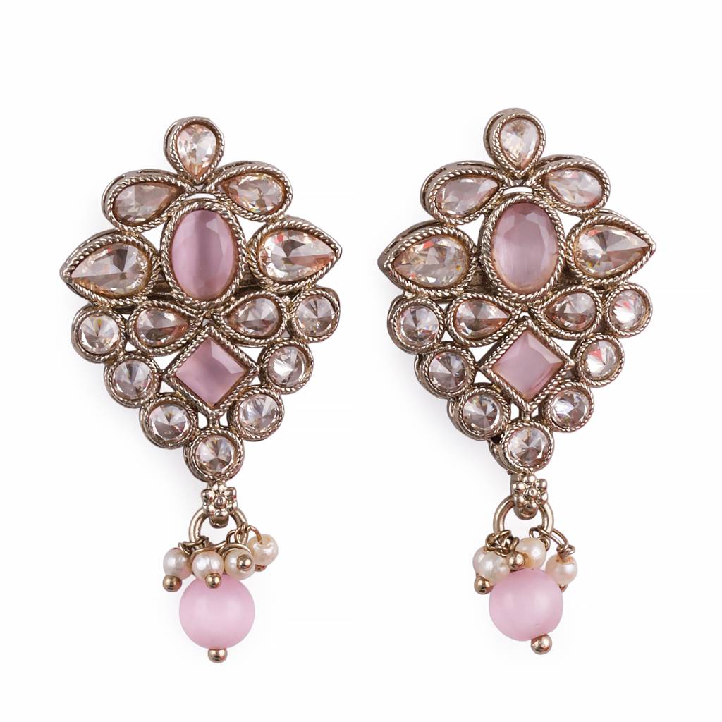 Lavish Flower Design Brown Uncut Kundan Stone Mother Of Pearl Antique Gold Plated Dangle Earring For Women And Gi : 6SE33_Pink