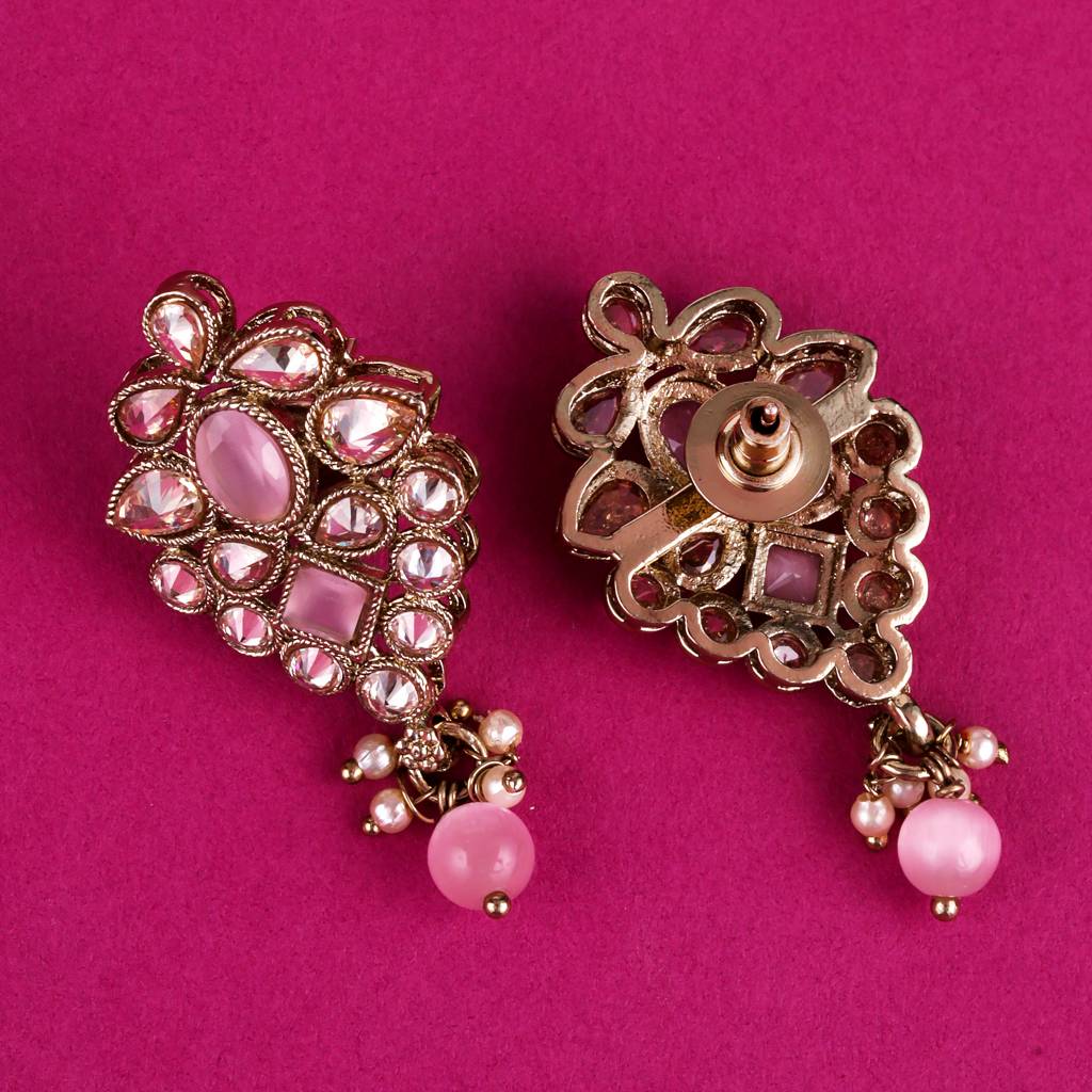Lavish Flower Design Brown Uncut Kundan Stone Mother Of Pearl Antique Gold Plated Dangle Earring For Women And Gi : 6SE33_Pink
