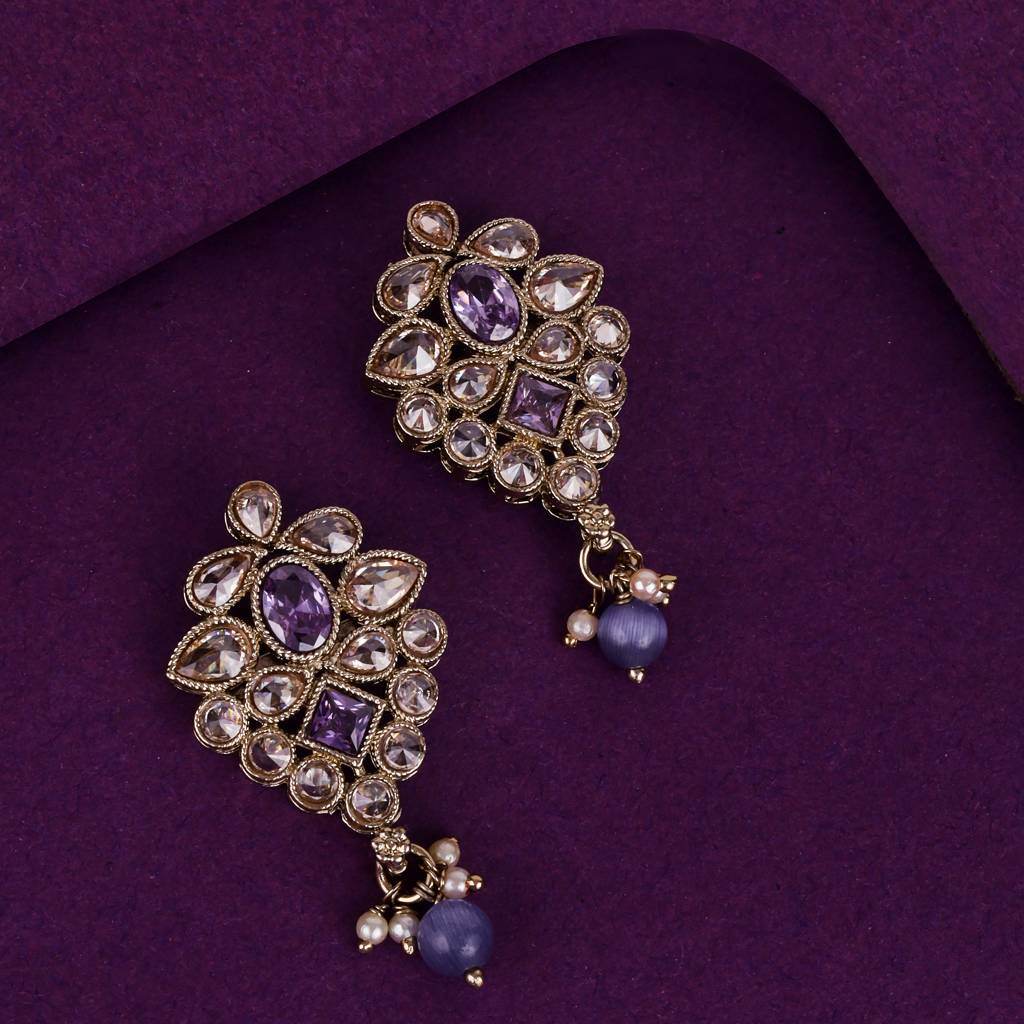 Lavish Flower Design Brown Uncut Kundan Stone Mother Of Pearl Antique Gold Plated Dangle Earring For Women And  : 6SE33_Purple