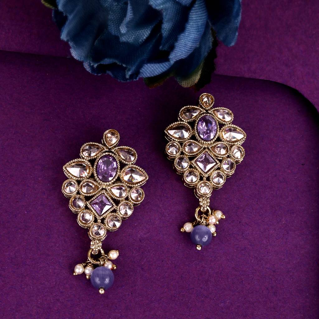 Lavish Flower Design Brown Uncut Kundan Stone Mother Of Pearl Antique Gold Plated Dangle Earring For Women And  : 6SE33_Purple