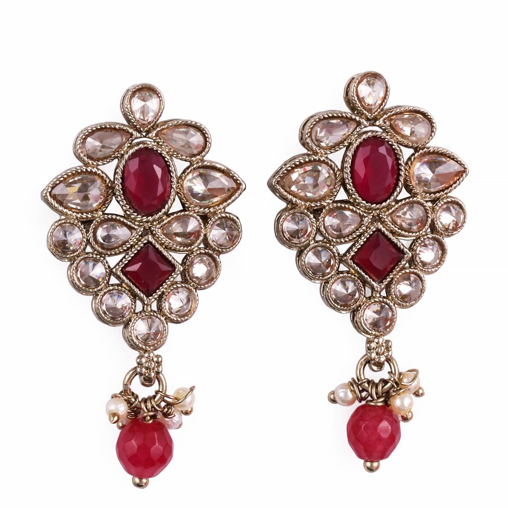 Lavish Flower Design Brown Uncut Kundan Stone Mother Of Pearl Antique Gold Plated Dangle Earring For Women And Girls : 6SE33_Red