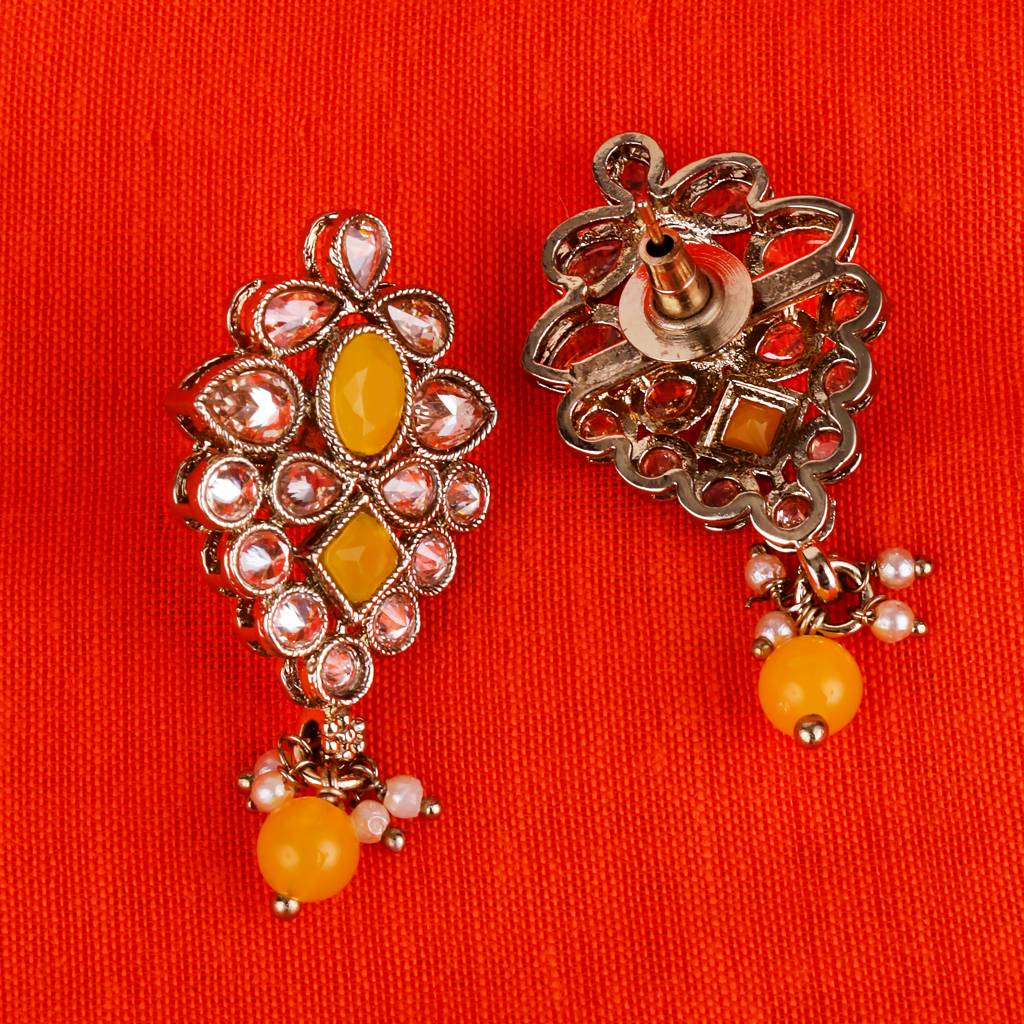 Lavish Flower Design Brown Uncut Kundan Stone Mother Of Pearl Antique Gold Plated Dangle Earring For Women And  : 6SE33_Yellow