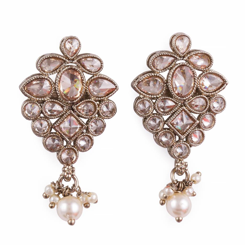 Lavish Flower Design Brown Uncut Kundan Stone Mother Of Pearl Antique Gold Plated Dangle Earring For Women And G : 6SE33_Brown