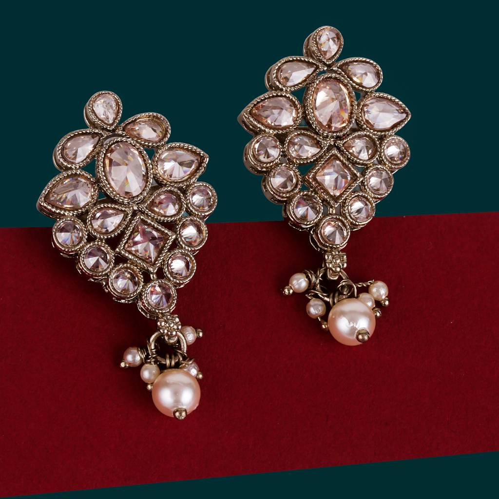 Lavish Flower Design Brown Uncut Kundan Stone Mother Of Pearl Antique Gold Plated Dangle Earring For Women And G : 6SE33_Brown