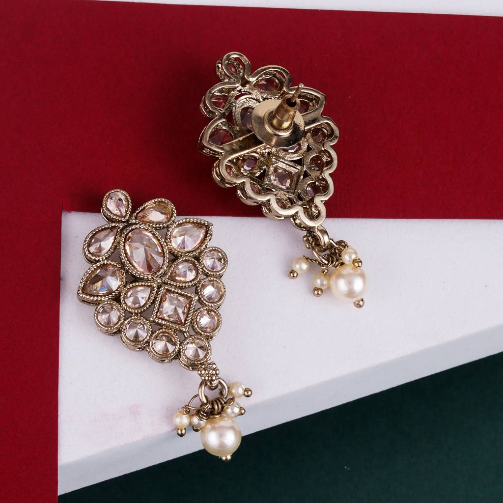 Lavish Flower Design Brown Uncut Kundan Stone Mother Of Pearl Antique Gold Plated Dangle Earring For Women And G : 6SE33_Brown