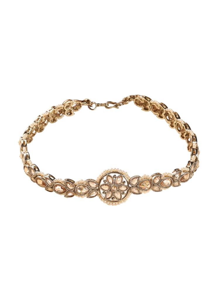 Attractive Flower Design And Pearl Kundan Stone Antique Gold Plated Mathapatti(Sheeshphool) For Women : 6SP25_Brown
