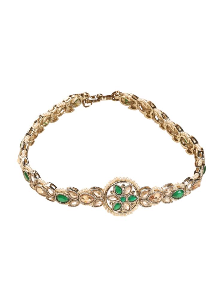 Attractive Flower Design And Pearl Kundan Stone Antique Gold Plated Mathapatti(Sheeshphool) For Women : 6SP25_Green