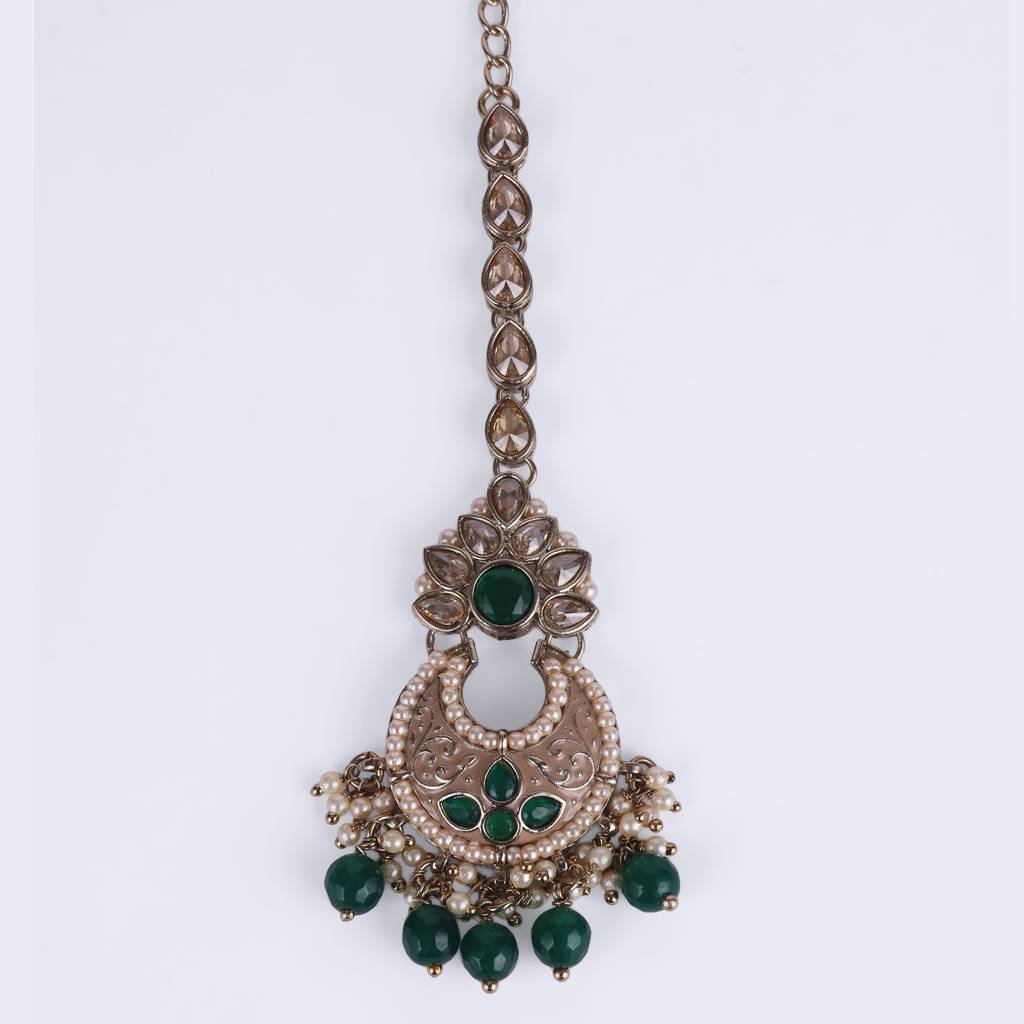 Incredible Chandilier And Flower Design Gold Plated Maang Tikka For Women And Girls : 6TK109-Green