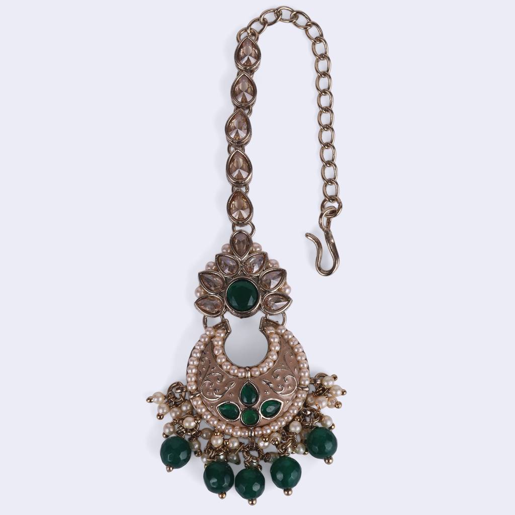 Incredible Chandilier And Flower Design Gold Plated Maang Tikka For Women And Girls : 6TK109-Green