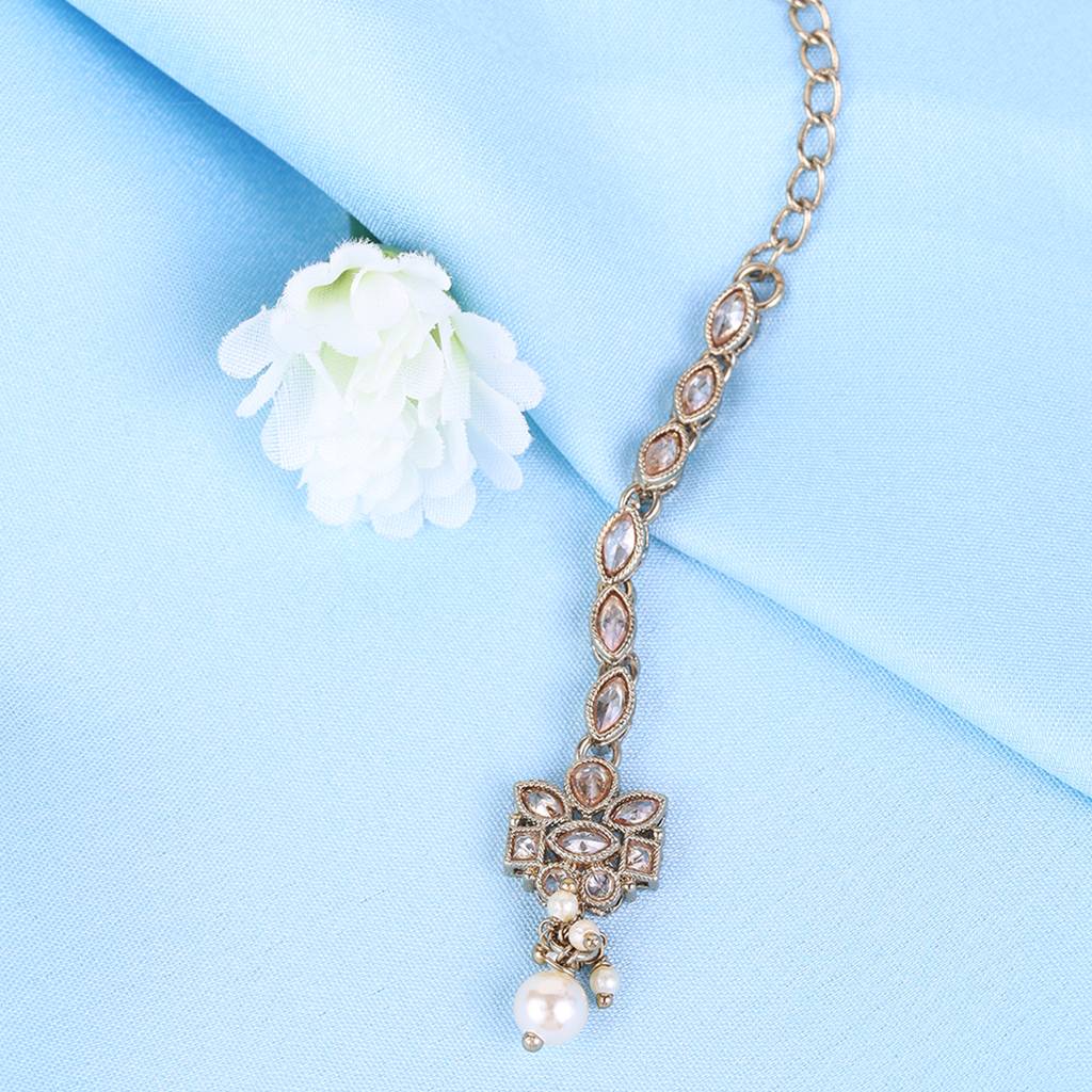 Traditional Flower Shape And Pearl Silver Gold Plated Set Of 2 Combo Maang Tikka For Women & Girls : 2TK36_6TK119