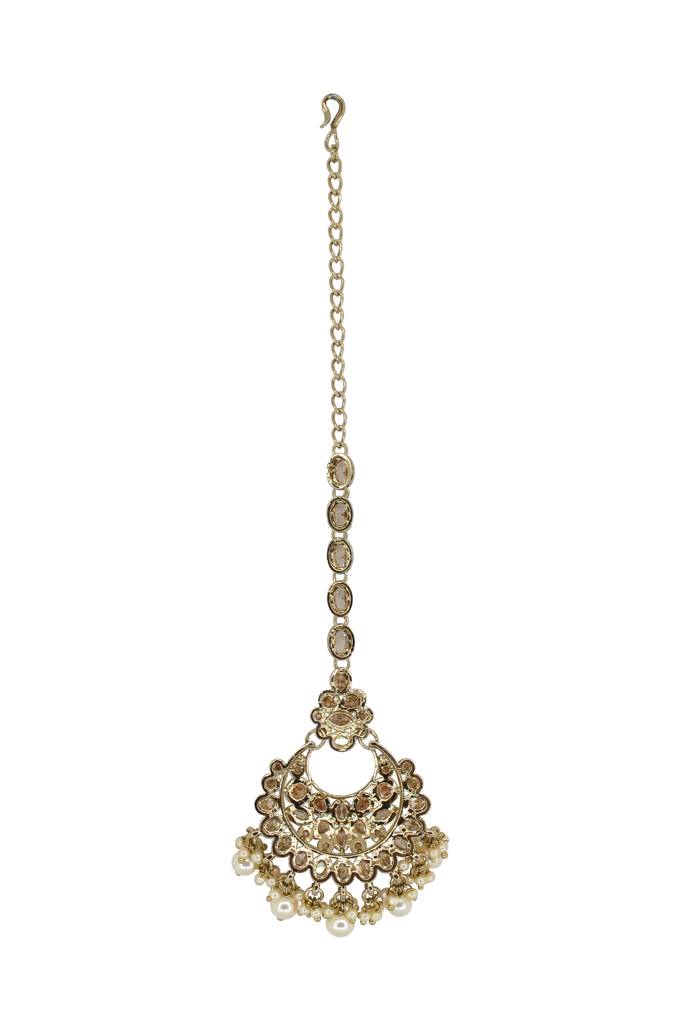Glamorous Chandelier Shape Mother Of Pearl Brown Uncut Kundan Stone Antique Gold Plated Maang Tikka For Women A : 6TK141_BROWN