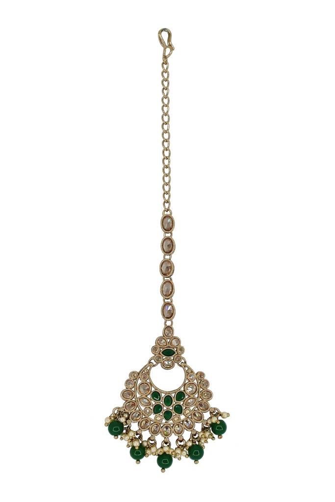 Glamorous Chandelier Shape Mother Of Pearl Brown Uncut Kundan Stone Antique Gold Plated Maang Tikka For Women A : 6TK141-GREEN