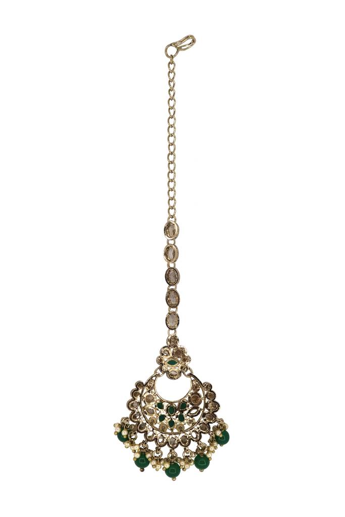 Glamorous Chandelier Shape Mother Of Pearl Brown Uncut Kundan Stone Antique Gold Plated Maang Tikka For Women A : 6TK141-GREEN