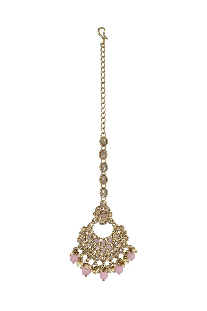 Glamorous Chandelier Shape Mother Of Pearl Brown Uncut Kundan Stone Antique Gold Plated Maang Tikka For Women An : 6TK141_PINK