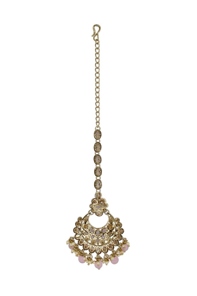Glamorous Chandelier Shape Mother Of Pearl Brown Uncut Kundan Stone Antique Gold Plated Maang Tikka For Women An : 6TK141_PINK