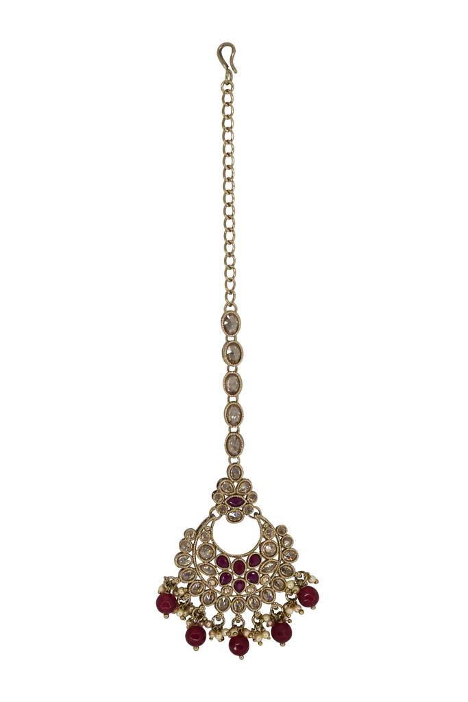 Glamorous Chandelier Shape Mother Of Pearl Brown Uncut Kundan Stone Antique Gold Plated Maang Tikka For Women An : 6TK141_RUBY