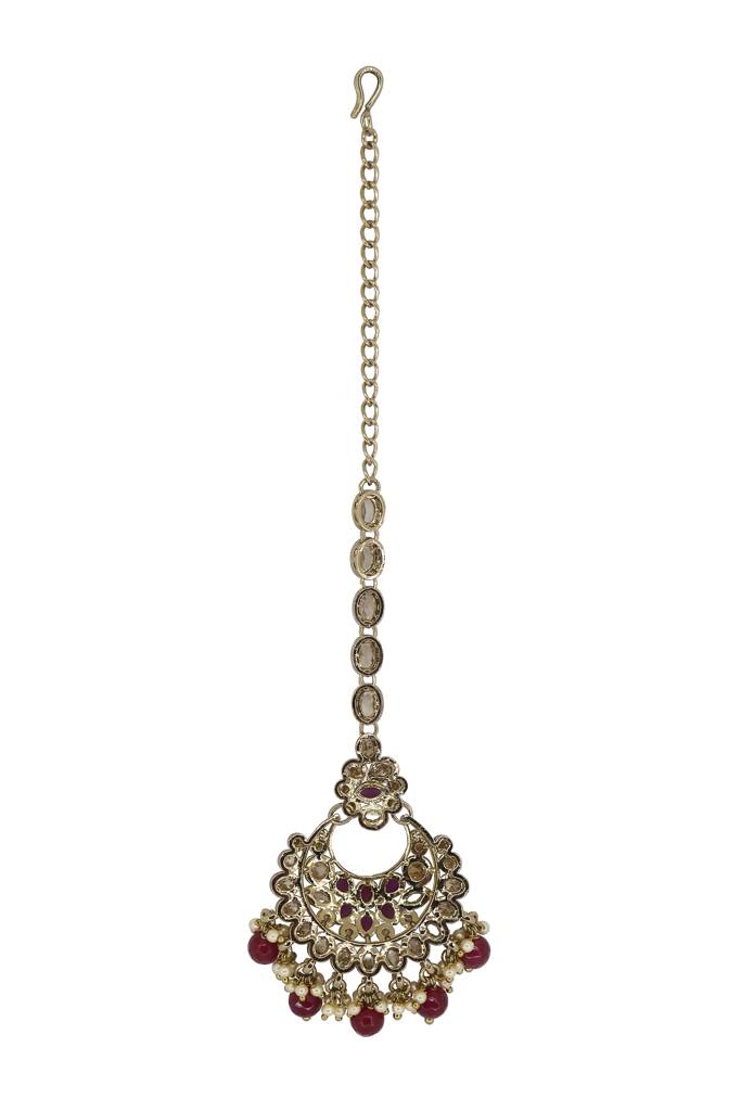 Glamorous Chandelier Shape Mother Of Pearl Brown Uncut Kundan Stone Antique Gold Plated Maang Tikka For Women An : 6TK141_RUBY