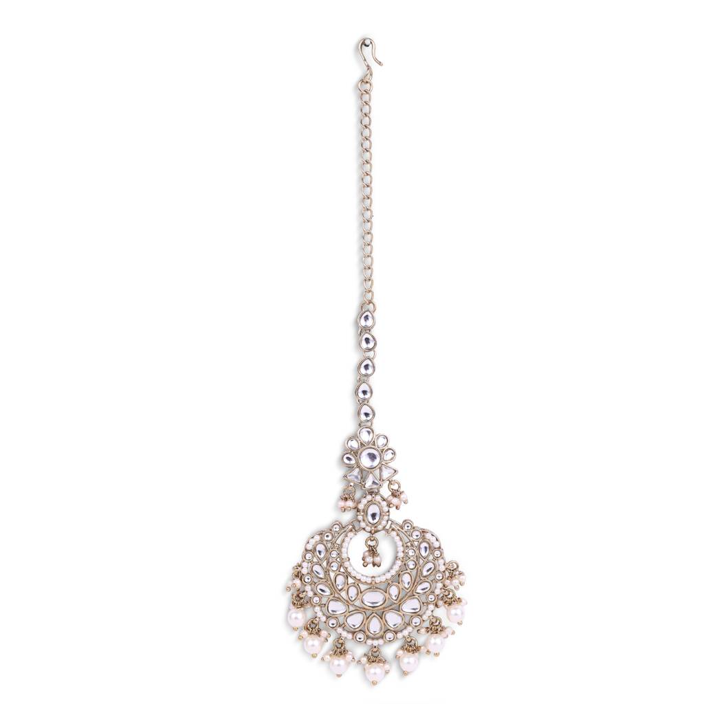 Traditional Flower Shape And Pearl Silver Gold Plated Maang Tikka For Women & Girls : 6TK27