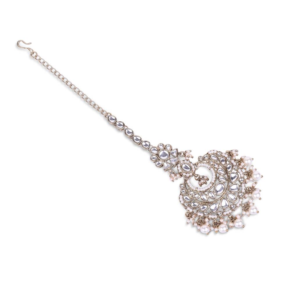 Traditional Flower Shape And Pearl Silver Gold Plated Maang Tikka For Women & Girls : 6TK27