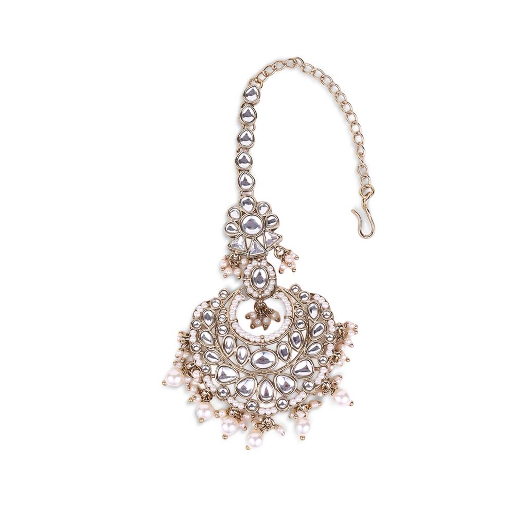 Traditional Flower Shape And Pearl Silver Gold Plated Maang Tikka For Women & Girls : 6TK27