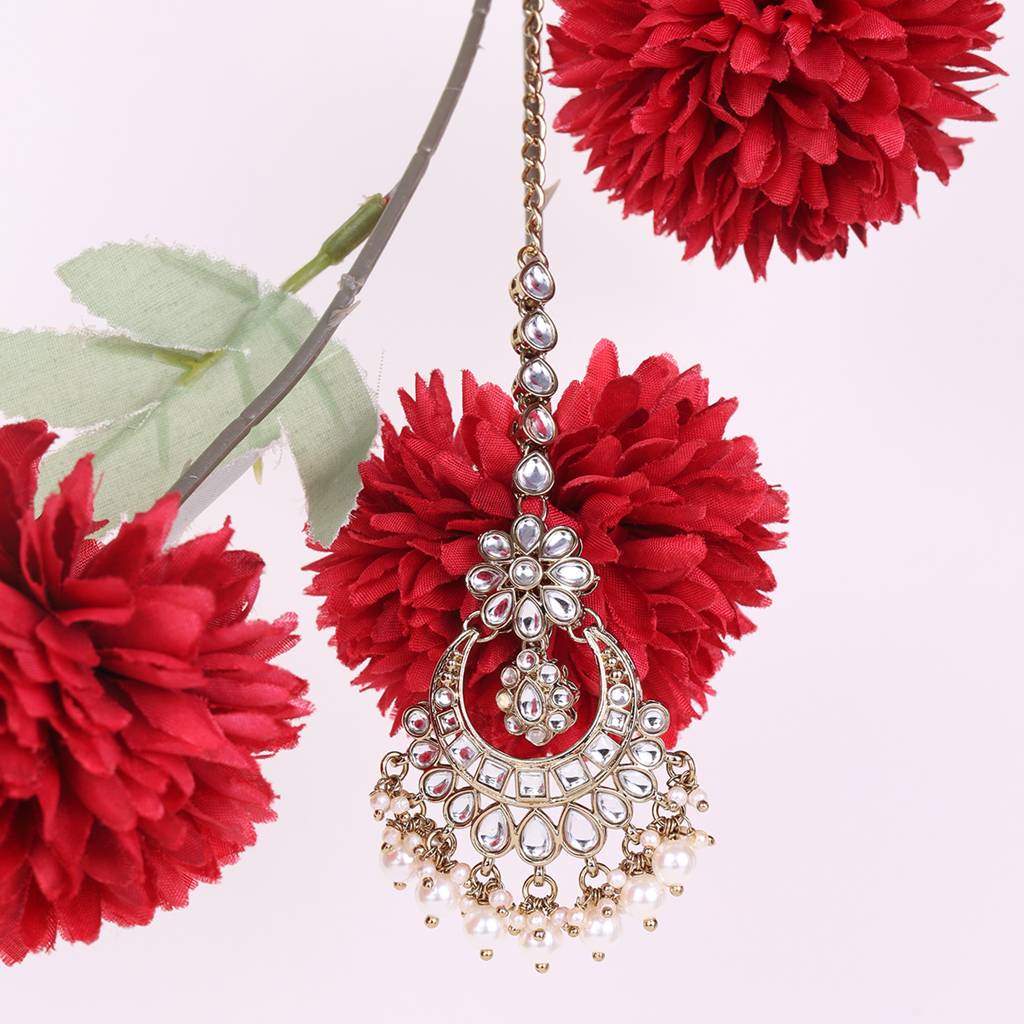 Traditional Chandelier And Flower Shape Silver Gold Plated Set Of 2 Combo Maang Tikka For Women : 15TK2370_6TK28