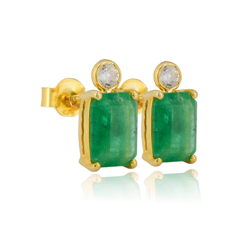 Emerald Stud Earrings With Cz Accent In 18K Gold-Plated 925 Silver : ER0004