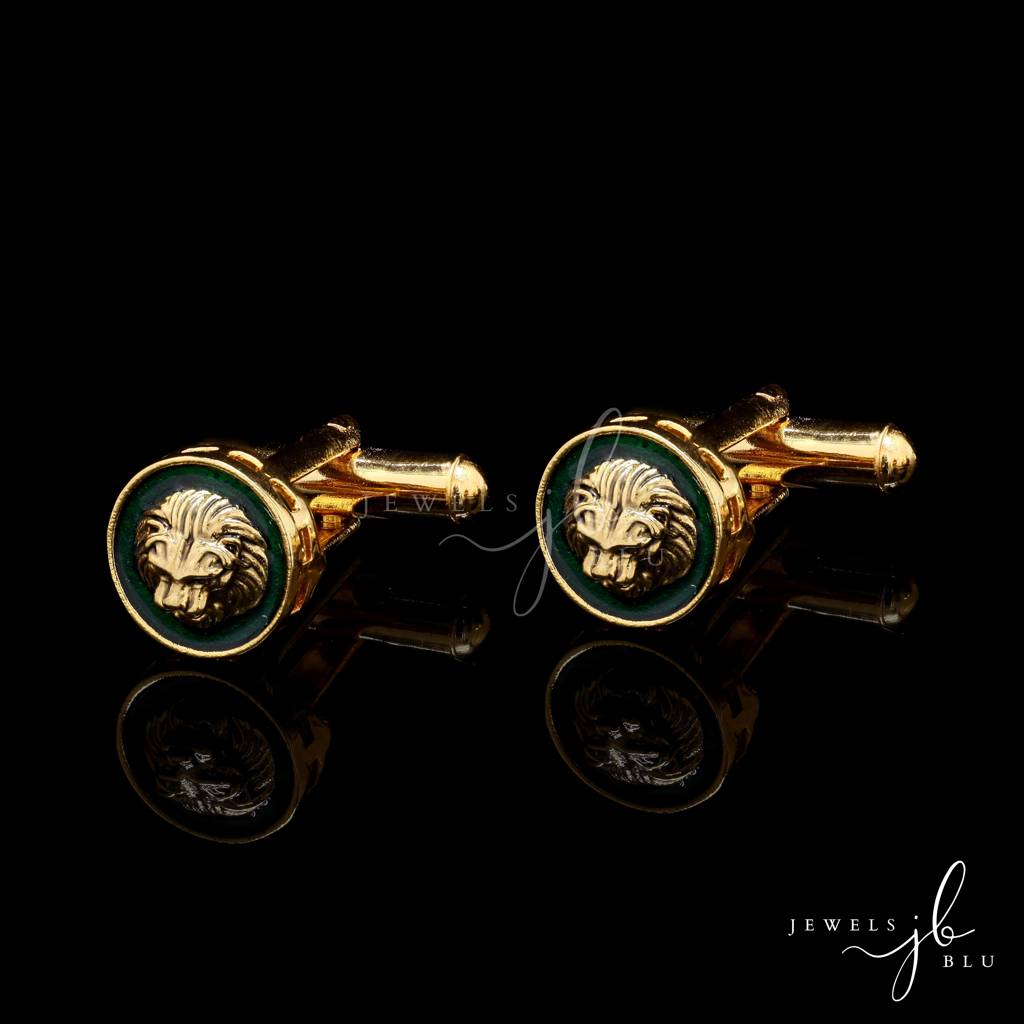 Green Enamel Lion Face Gold Finish Mens Cuff Link Pair : 700005