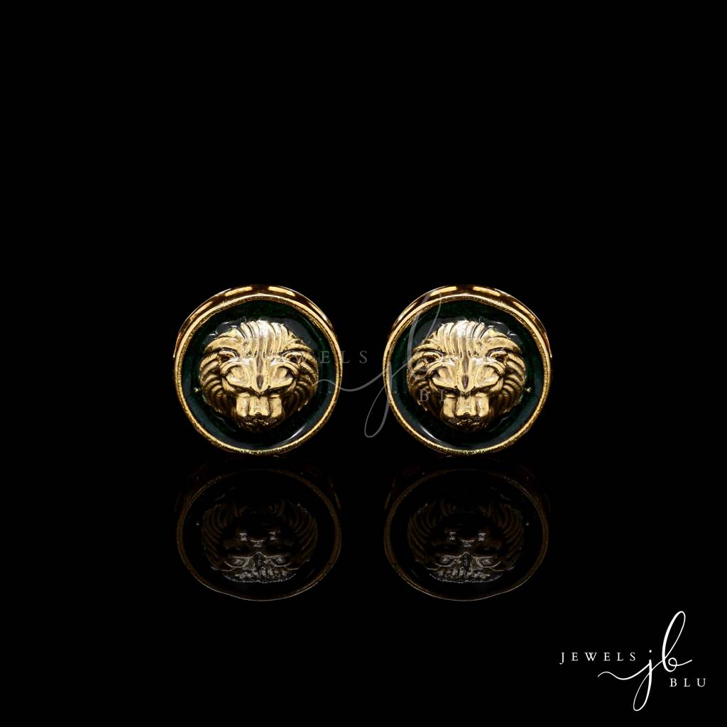 Green Enamel Lion Face Gold Finish Mens Cuff Link Pair Green