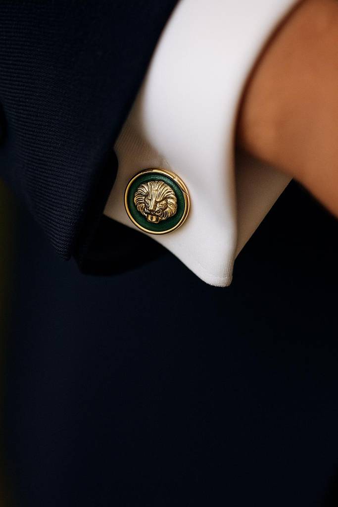 Green Enamel Lion Face Gold Finish Mens Cuff Link Pair : 700005