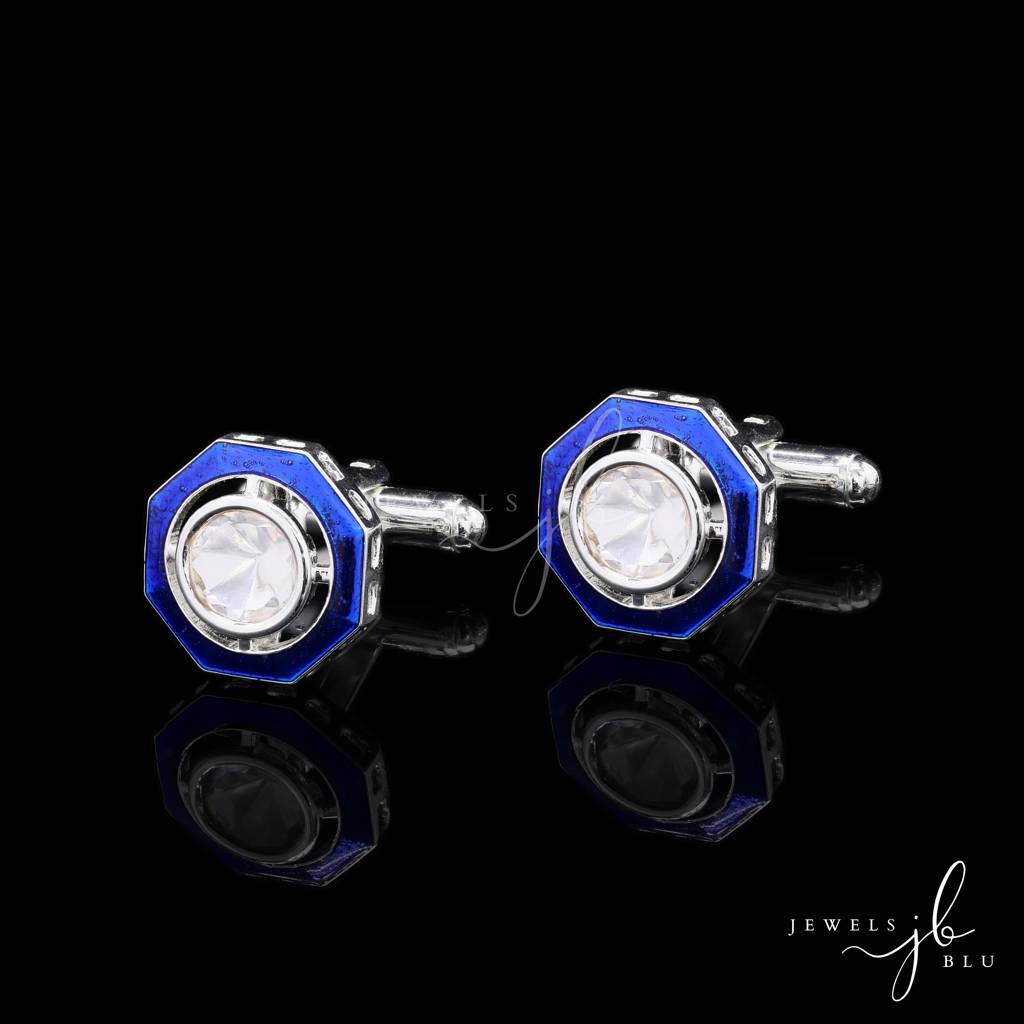 Glazed Blue Enamel Bezel Setting Polki Mens Cuff Link Pair : 700006