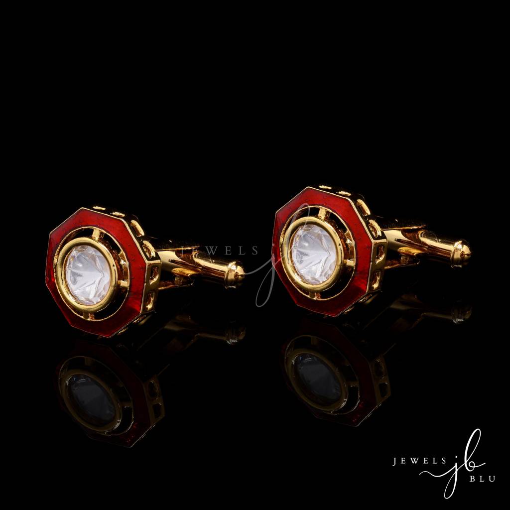 Red Enamel Bezel Setting Polki Diamond Mens Cuff Link Pair : 700009