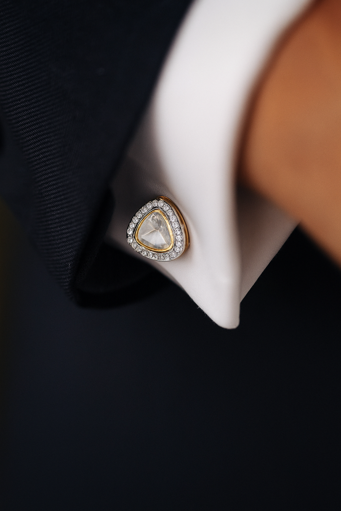 Mens Trillion Polki Diamond Gold Finish Mens Cuff Link Pair With Cluster Diamonds : 700011