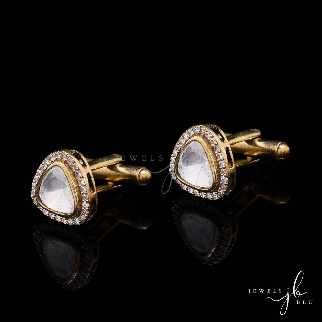 Mens Trillion Polki Diamond Gold Finish Mens Cuff Link Pair With Cluster Diamonds : 700011
